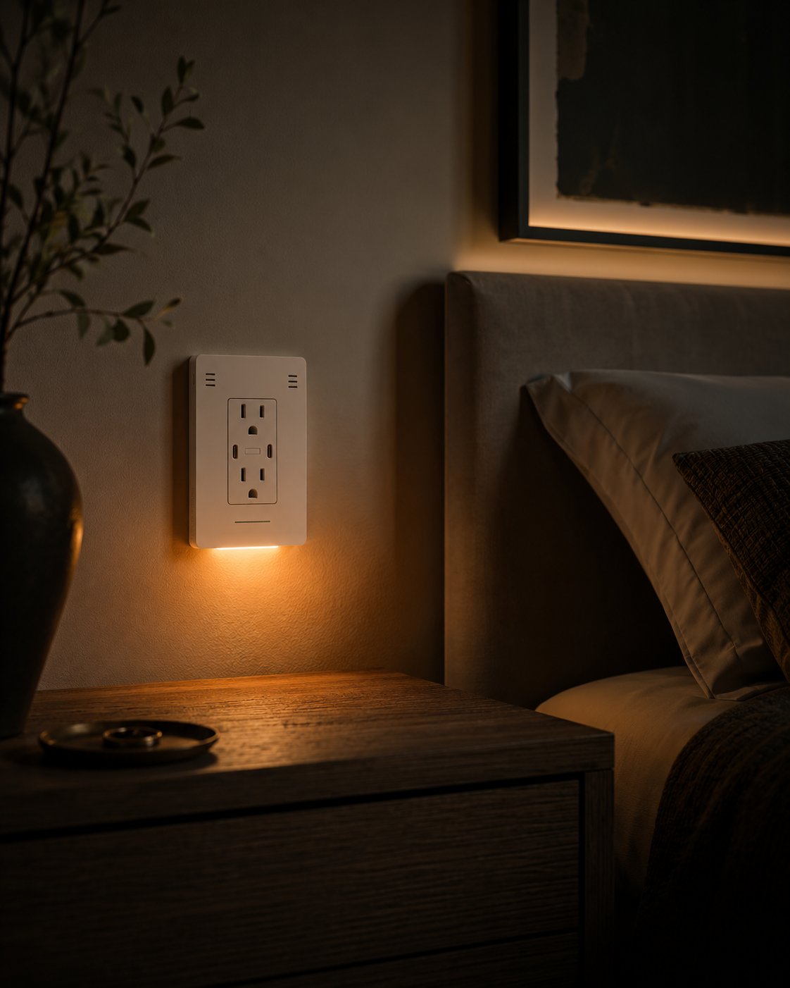 InvisOutlet installed beside a warm modern bed