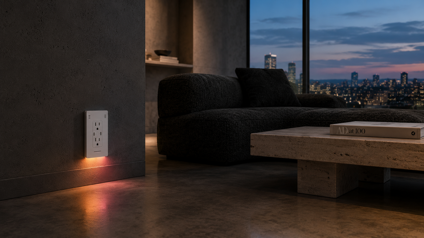 Living room environment with clean integrated wall power