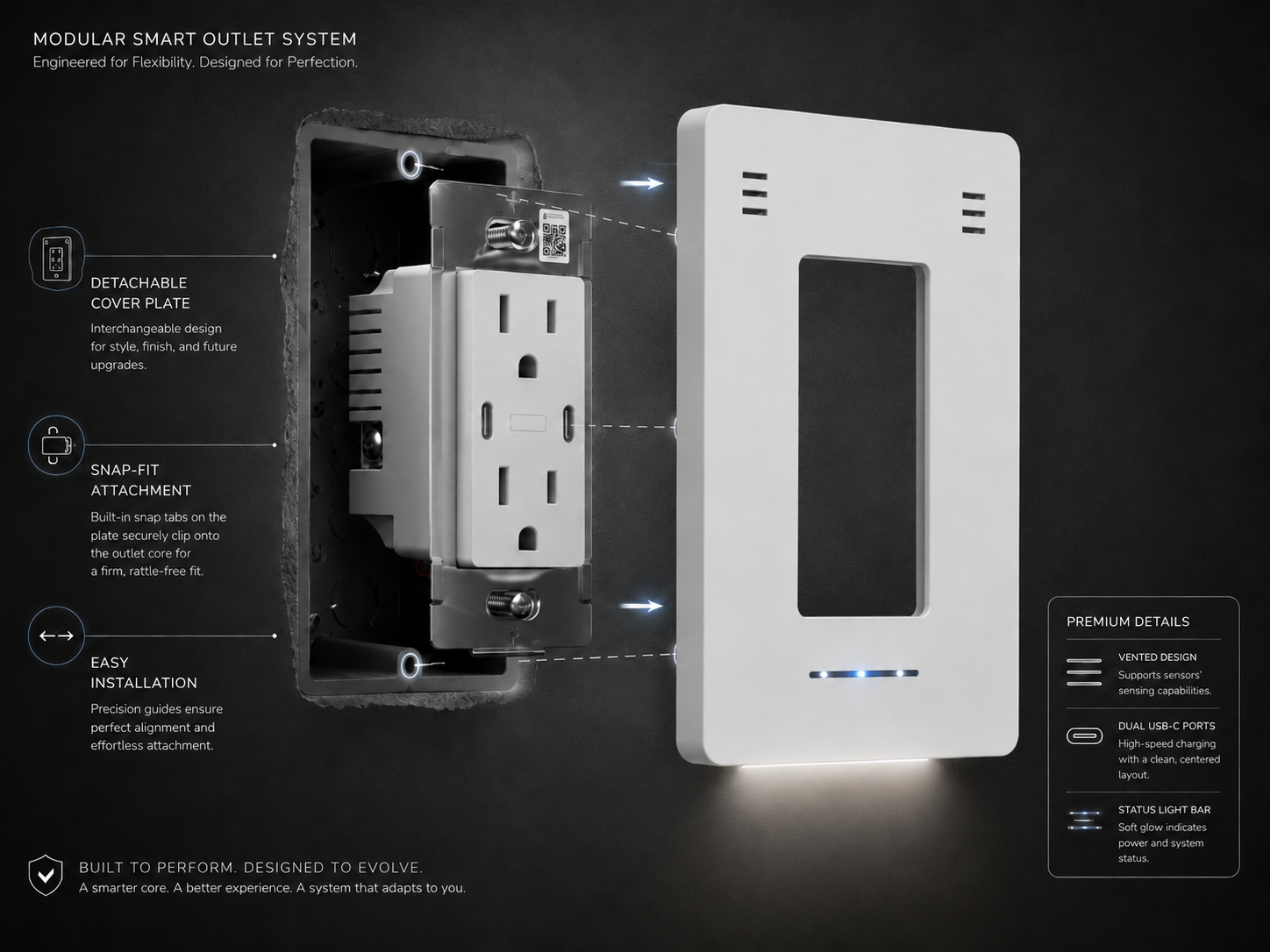Exploded view of the recessed InvisOutlet C core and snap-on cover