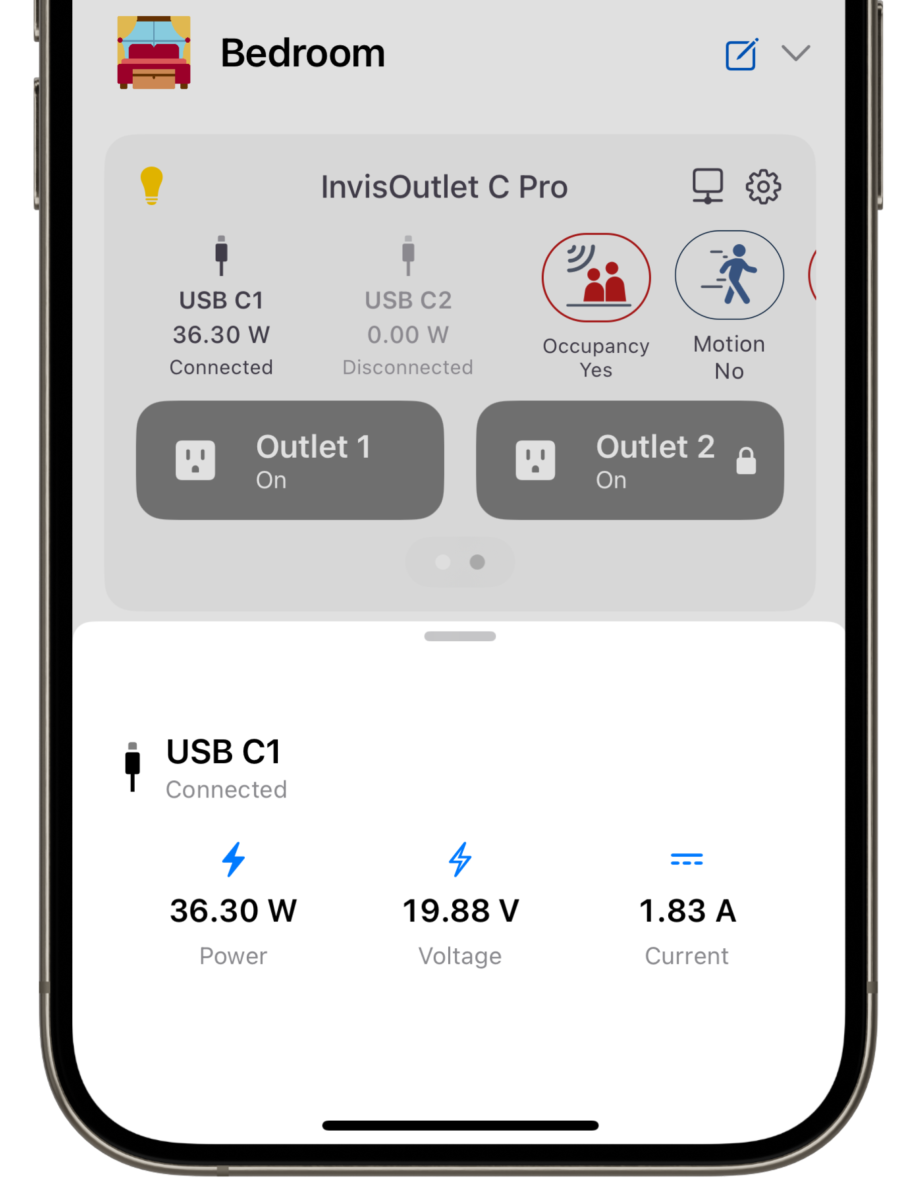 InvisHome iOS app showing USB C1 connected at 36.30 watts, 19.88 volts, and 1.83 amps